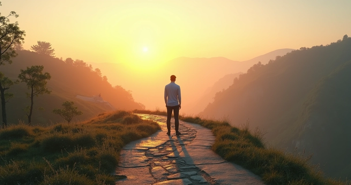 Pessoa em encruzilhada diante de caminho claro e caminho confuso 