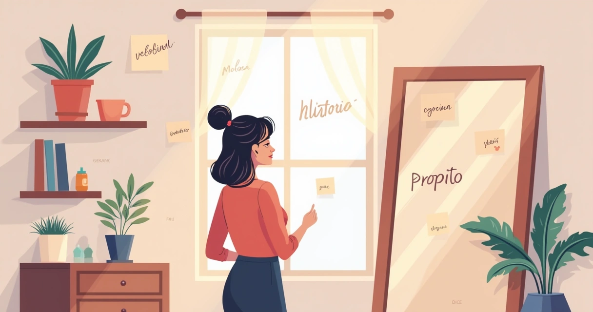 Mulher refletindo na frente de um espelho, com papéis de valores e inspiração ao redor 