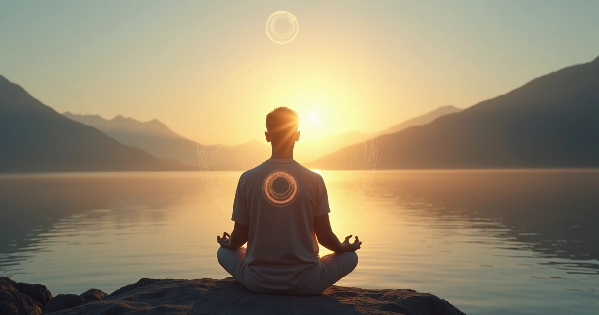 Pessoa sentada em contemplação diante de paisagem natural com linhas de luz ao redor da cabeça 