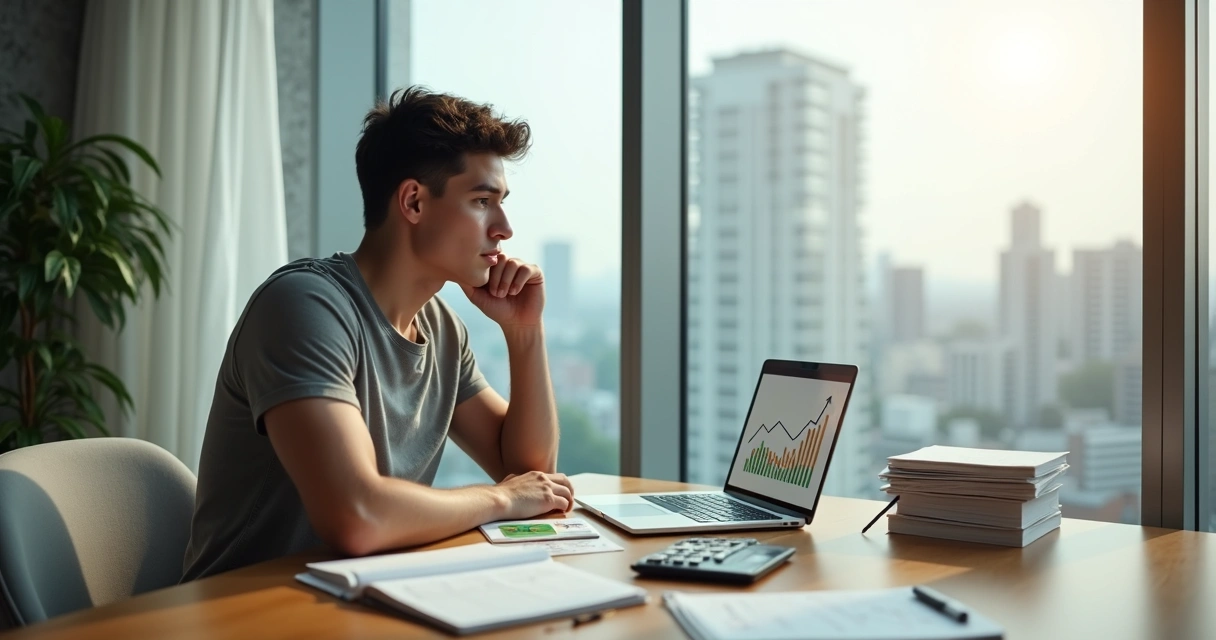 Pessoa analisando finanças com reflexo de si mesma em vidro 