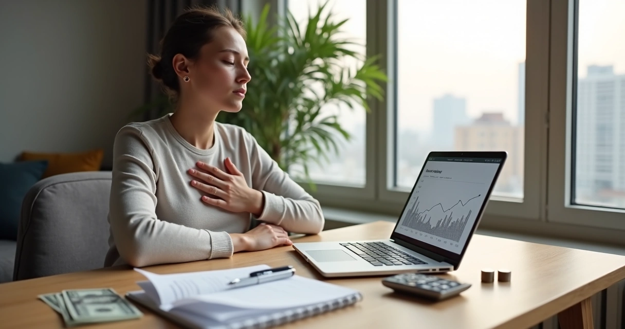 Pessoa analisando finanças pessoais com caderno e gráfico enquanto medita diante da janela 