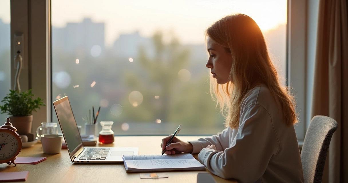 Pessoa organizando tempo com agenda e reflexão interior 