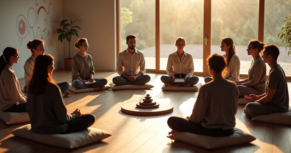 Grupo de pessoas em círculo integrando autoconhecimento individual e consciência coletiva 