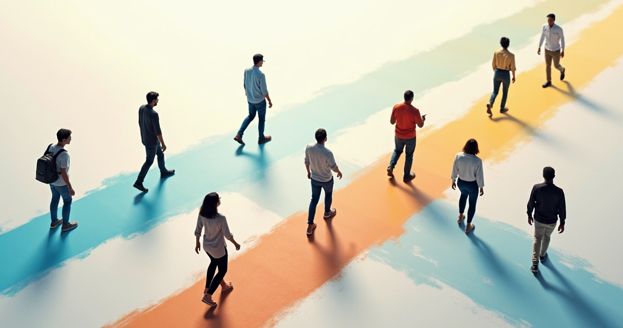 Grupo de pessoas caminhando em direções diferentes, simbolizando caminhos distintos de autoconhecimento 