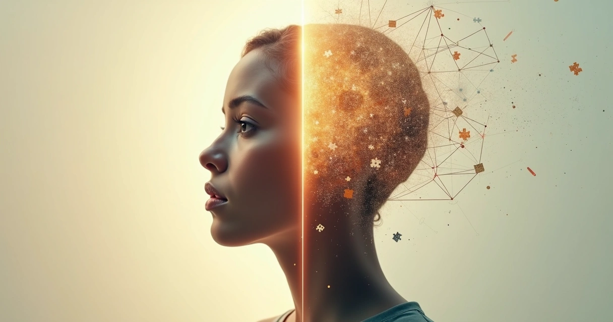 Rosto dividido entre autoconhecimento linear e visão sistêmica integrada 