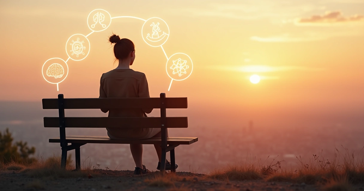 Pessoa refletindo diante de paisagem com cinco ícones representando dimensões do autoconhecimento 