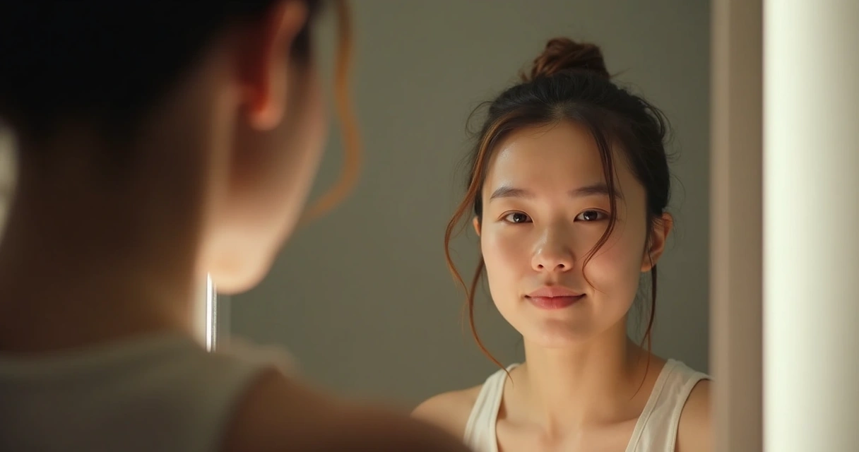 Pessoa refletindo olhando para o espelho, com expressão calma e ambiente suave 