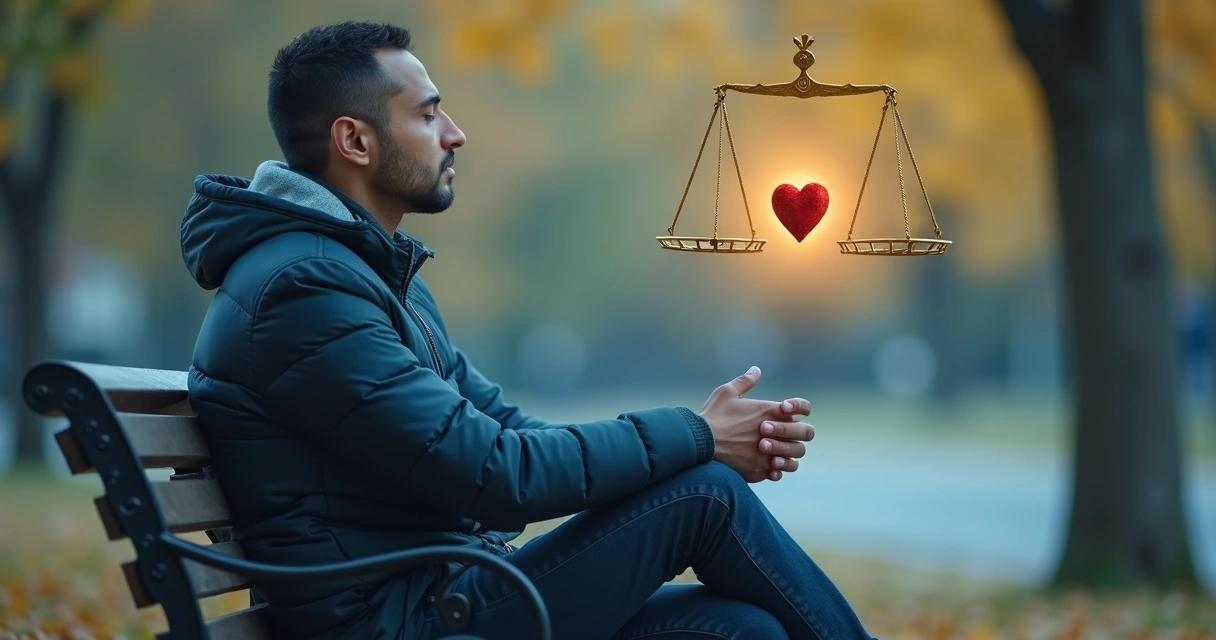 Pessoa sentada com olhos fechados ao lado de símbolos de balança e coração, refletindo sobre decisões e valores pessoais