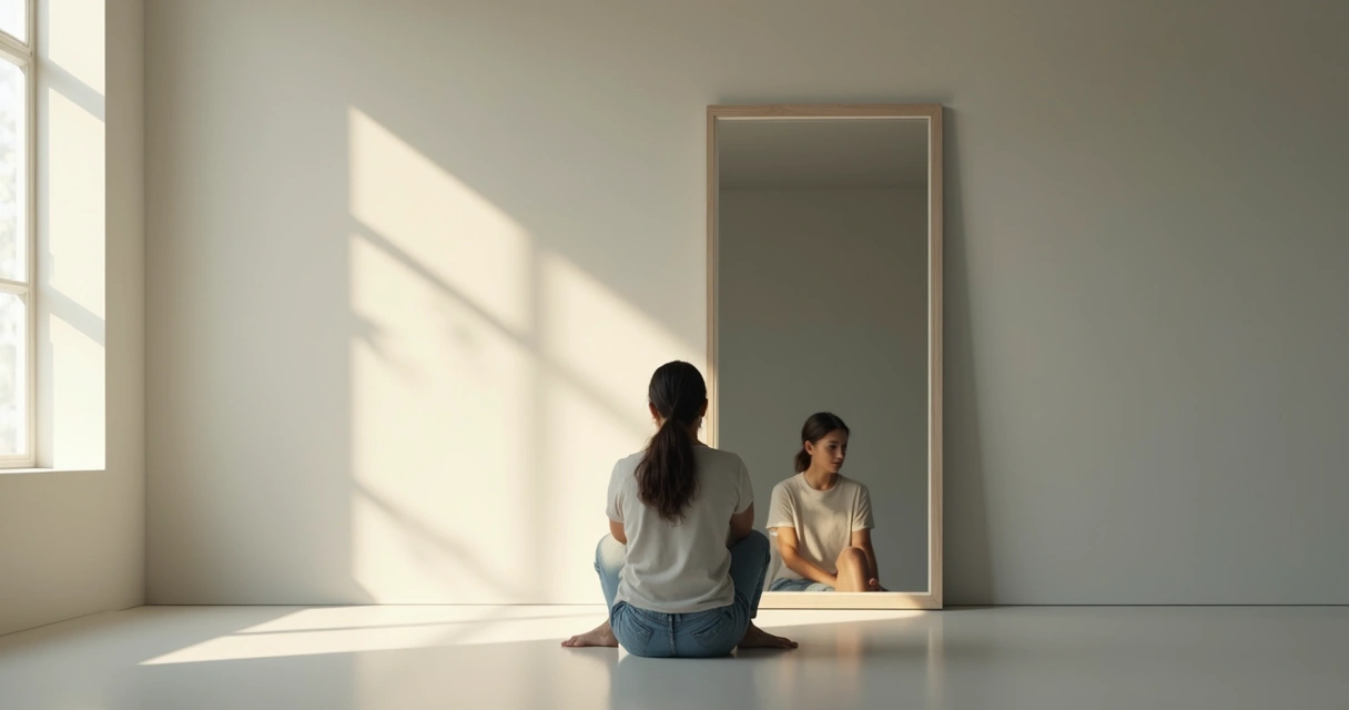 Pessoa olhando para o próprio reflexo em um espelho em um ambiente minimalista 