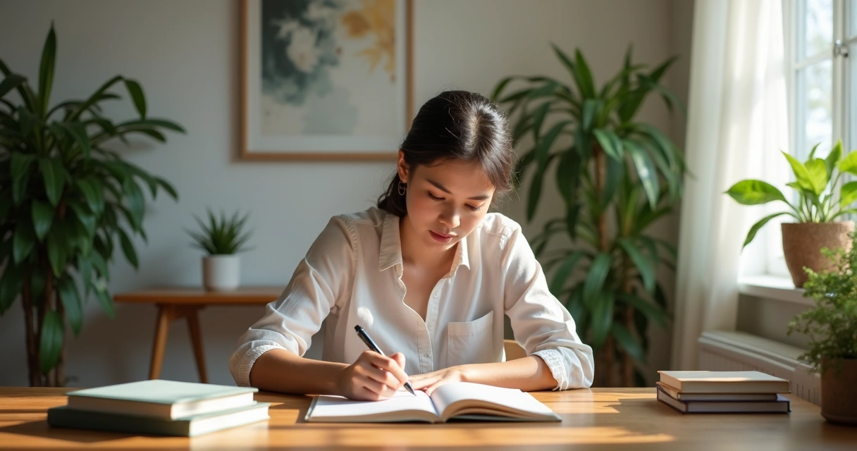 Pessoa escrevendo em diário em ambiente tranquilo, simbolizando autoconhecimento e descoberta 