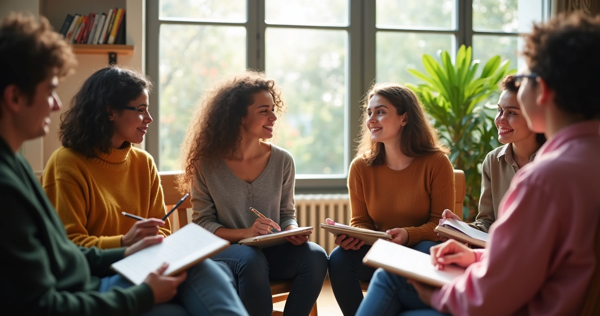 Grupo de jovens sentados em círculo, conversando e refletindo em ambiente claro