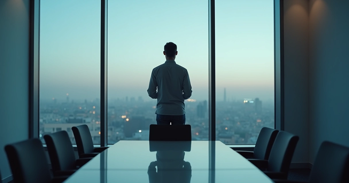 Pessoa olhando para o próprio reflexo em uma janela de sala de reunião, sugerindo autoconhecimento. 