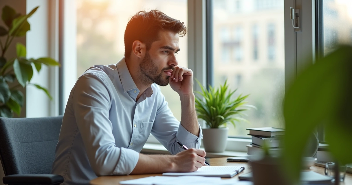 Executivo refletindo diante de janela iluminada, postura serena, caneta e bloco de notas à mão 