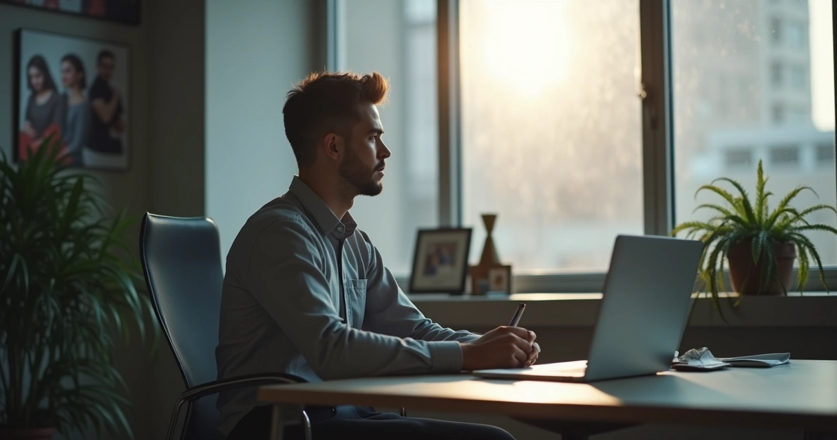 Pessoa sentada refletindo com caderno no colo em ambiente corporativo 
