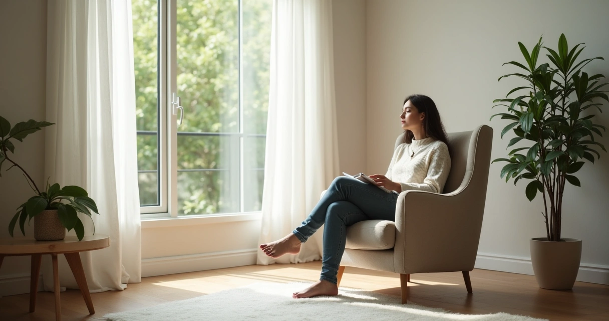 Pessoa sentada refletindo sozinha em ambiente tranquilo 