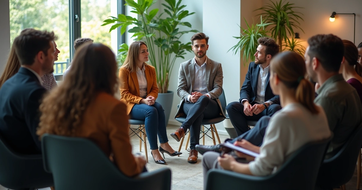 Líder em roda de conversa com equipe, todos atentos, em ambiente acolhedor 