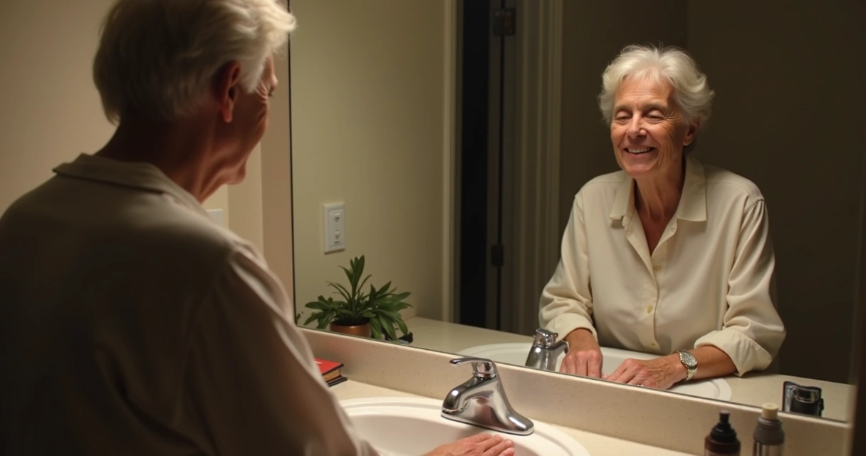 Pessoa refletindo diante do espelho, expressão calma