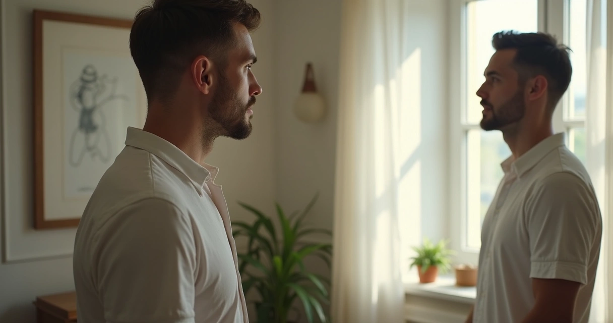 Homem olhando para o espelho com expressão reflexiva em ambiente claro 