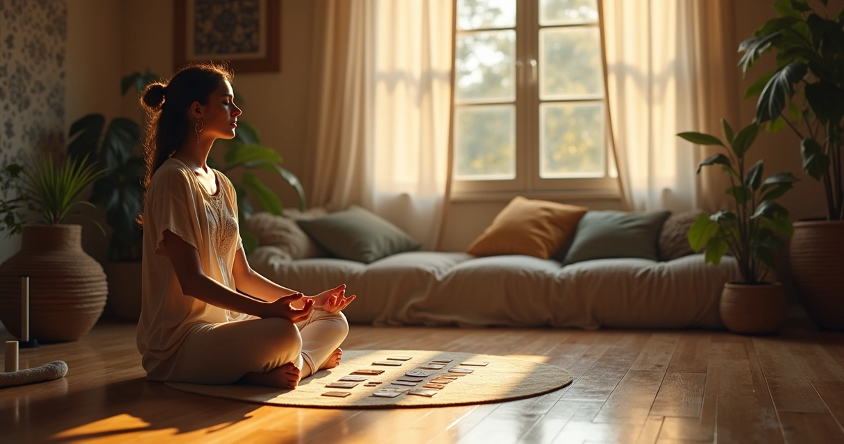 Mulher meditando ao lado de Baralho Cigano aberto em ambiente tranquilo