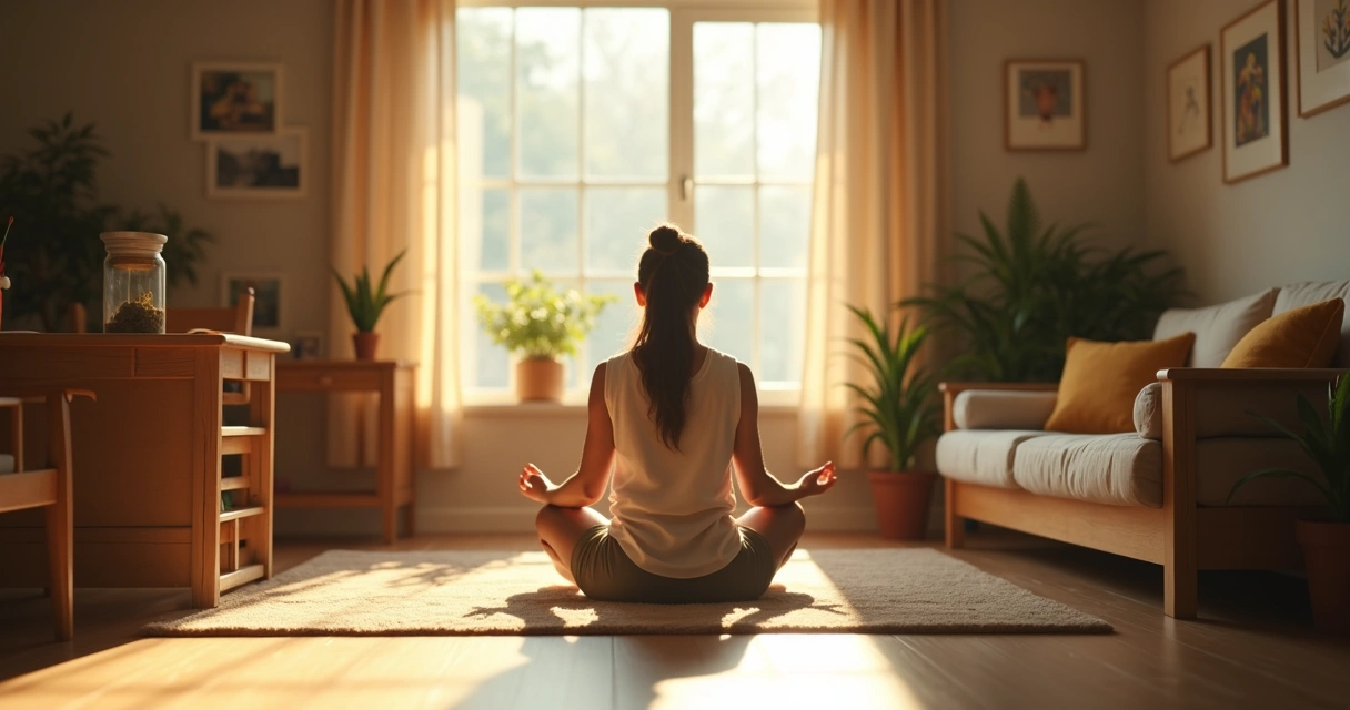Pessoa sentada no chão meditando em ambiente acolhedor 