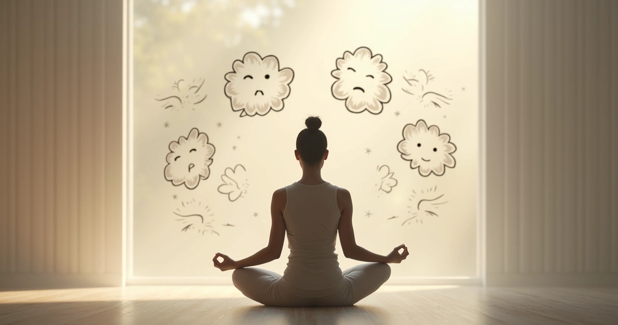 Pessoa em posição de meditação em ambiente tranquilo, com luz suave e símbolos de reflexão ao redor
