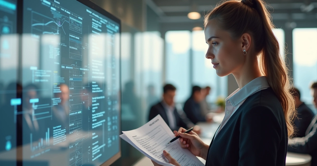 Jovem mulher analisando oportunidades de carreira no escritório, com gráficos de crescimento ao fundo 