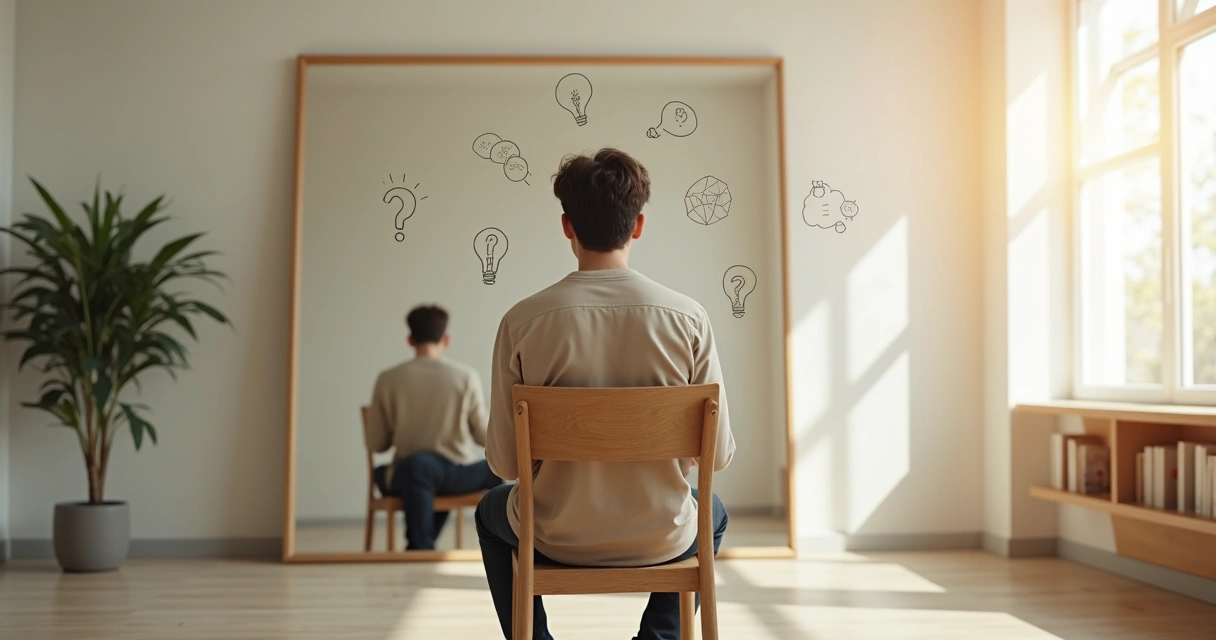 Pessoa em frente ao espelho com reflexo multiplicado representando mitos do autoconhecimento 