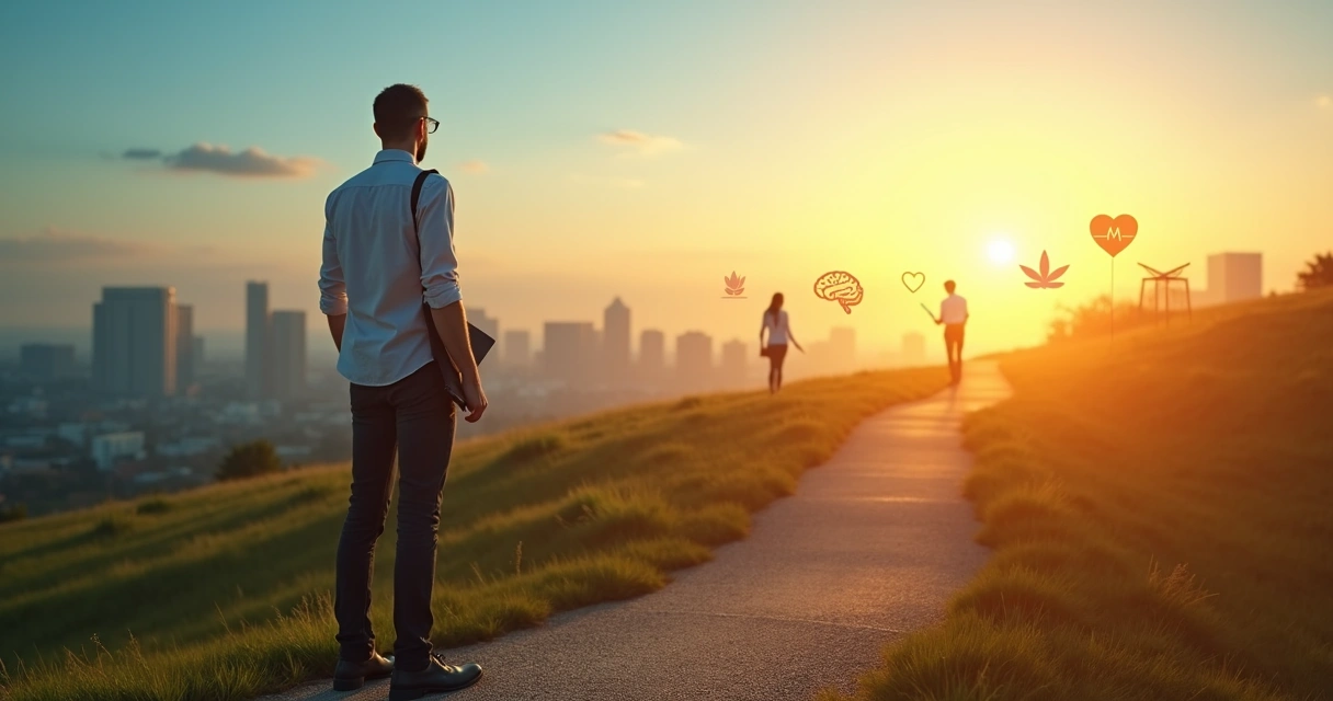 Profissional em frente a encruzilhada de caminhos refletindo sobre mudança de carreira 
