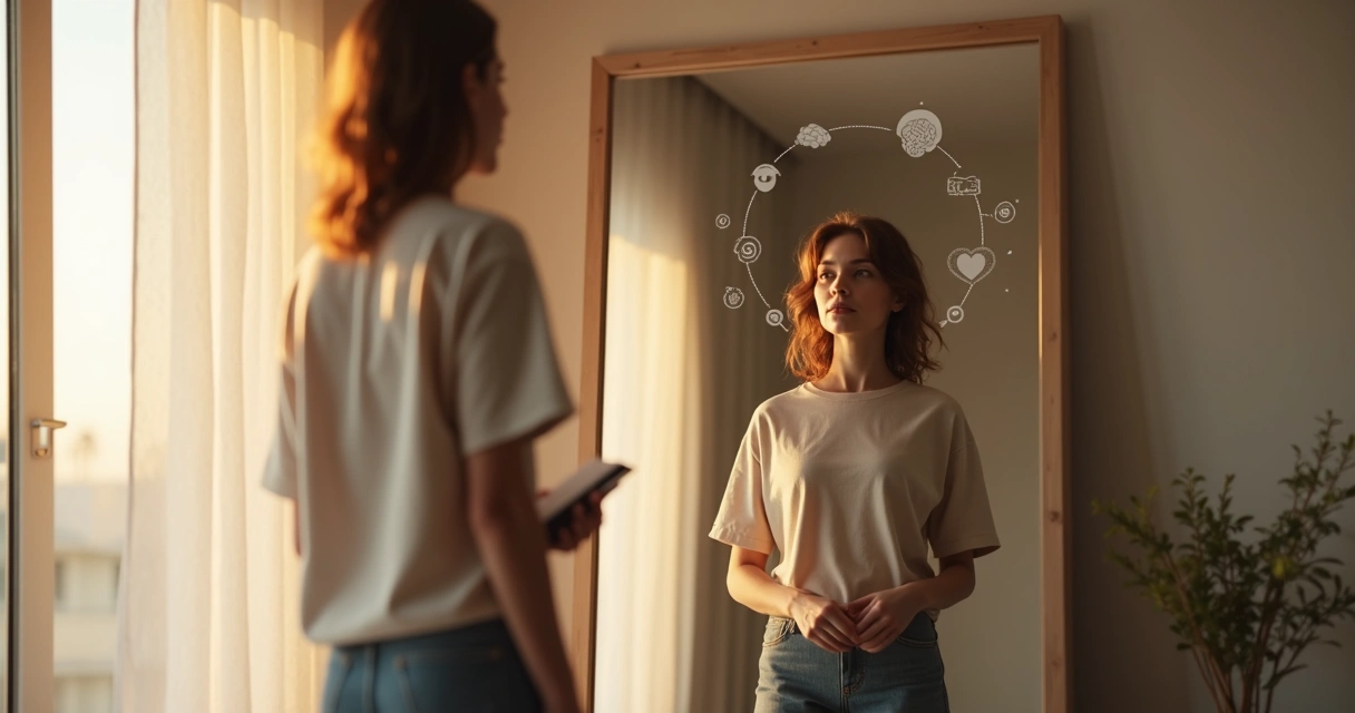 Pessoa em frente ao espelho com reflexo mostrando versão mais consciente de si mesma 