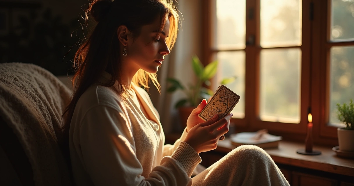 Mulher em introspecção segurando cartas do baralho cigano 