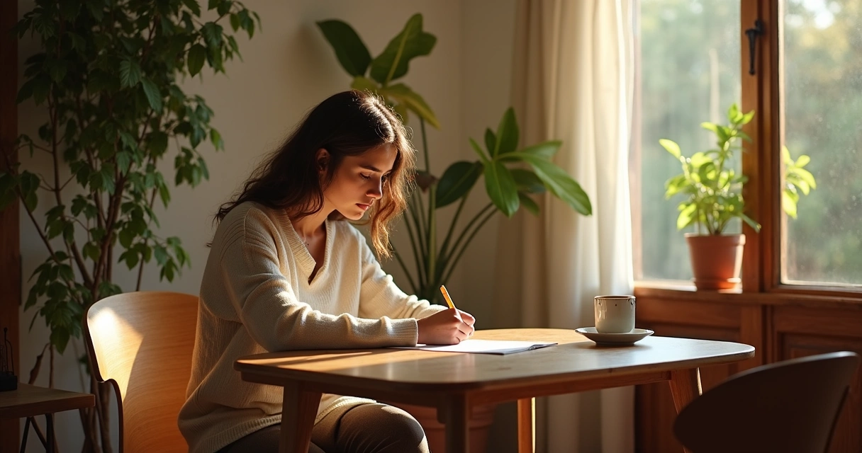Pessoa escrevendo em caderno, refletindo sobre autoconhecimento 