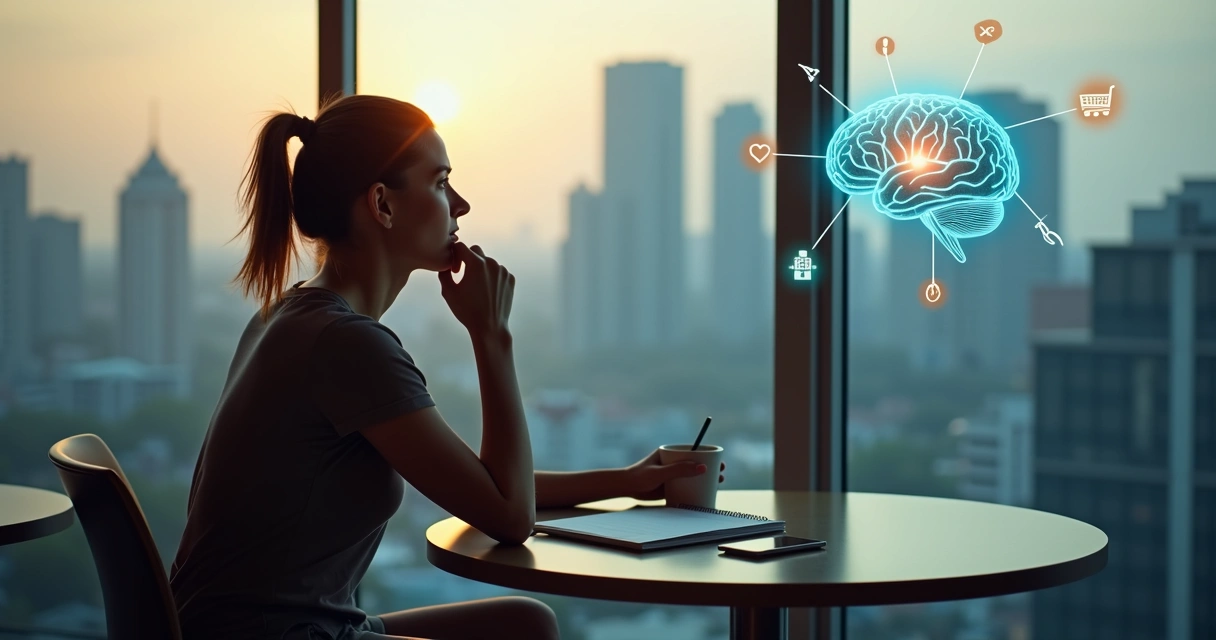 Pessoa refletindo sobre decisões diárias com cérebro iluminado e cidade ao fundo 