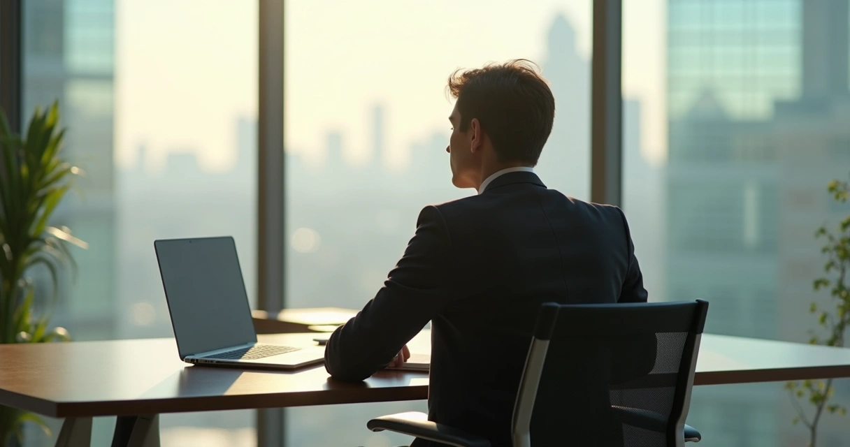 Pessoa refletindo sozinha em ambiente de trabalho moderno 