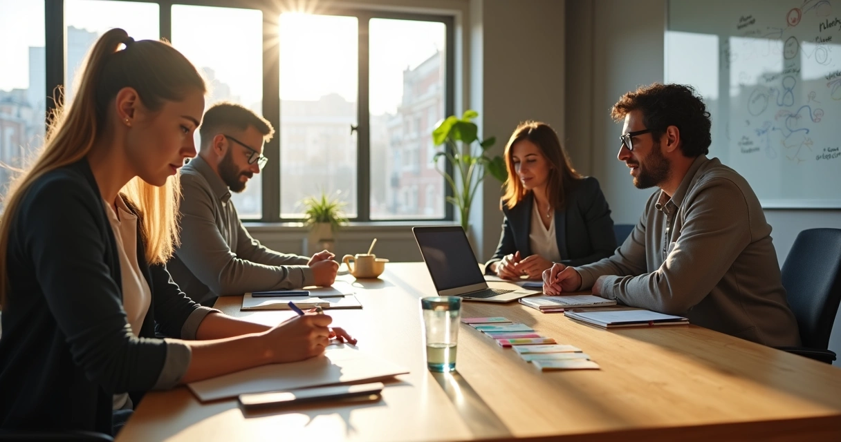 Equipe em escritório moderno combinando trabalho e autoconhecimento 