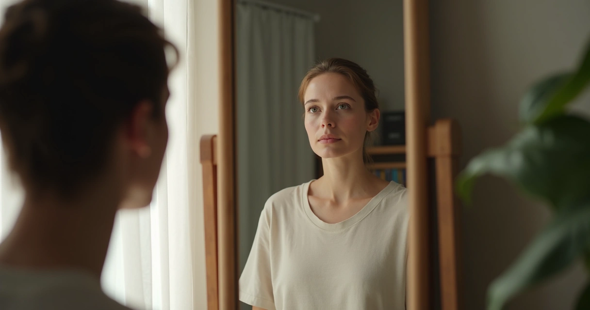 Pessoa adulta olhando para o próprio reflexo em um espelho, expressão reflexiva 