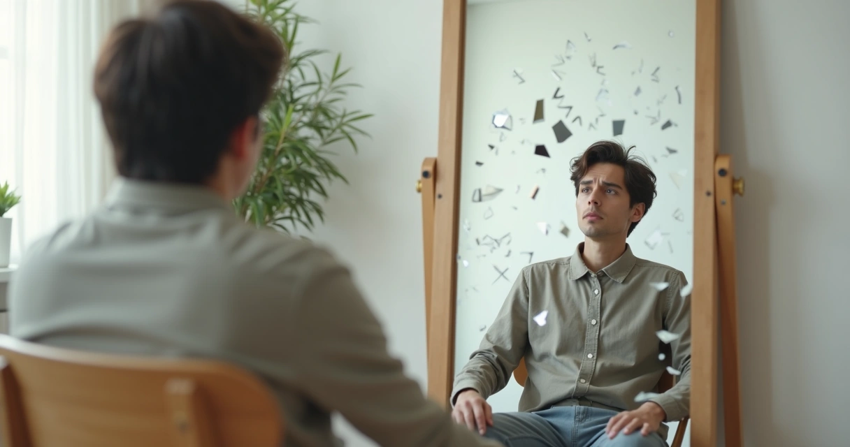 Pessoa refletindo diante de espelho com reflexo fragmentado 