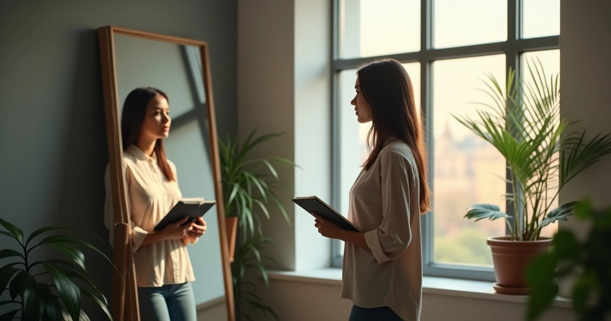 Pessoa refletindo diante de espelho em ambiente de trabalho 
