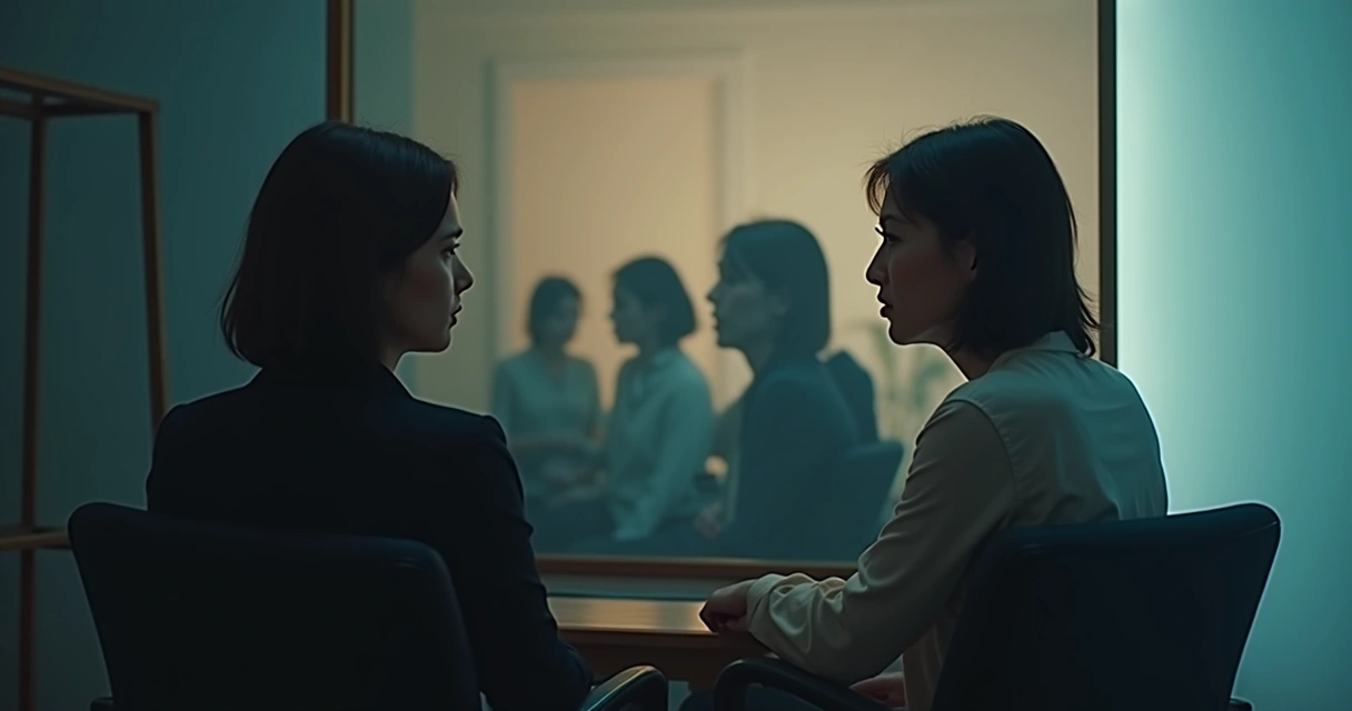 Pessoa refletindo em frente a um espelho com sombras e padrões repetidos ao fundo 