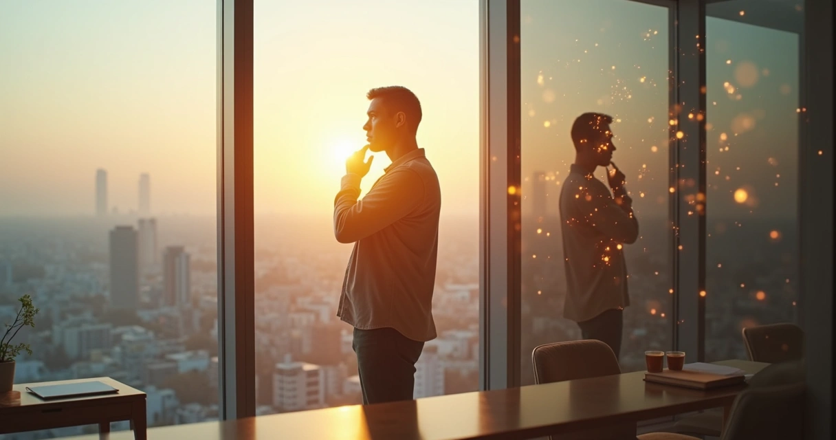 Pessoa refletindo diante de janela com luz e sombra simbolizando padrões inconscientes 