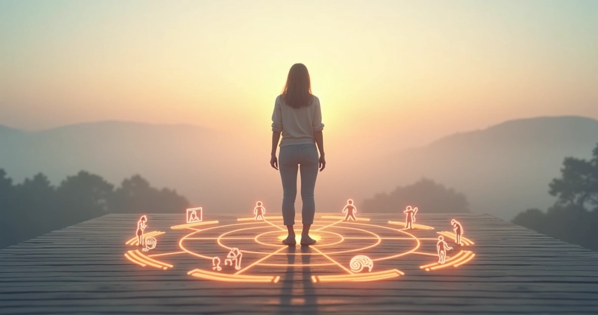 Pessoa refletindo diante de caminho formado por linhas conectando diferentes símbolos sistêmicos 