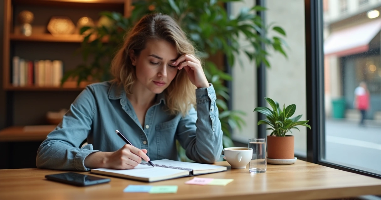 Pessoa em mesa de café refletindo sobre pequenas escolhas do dia a dia 
