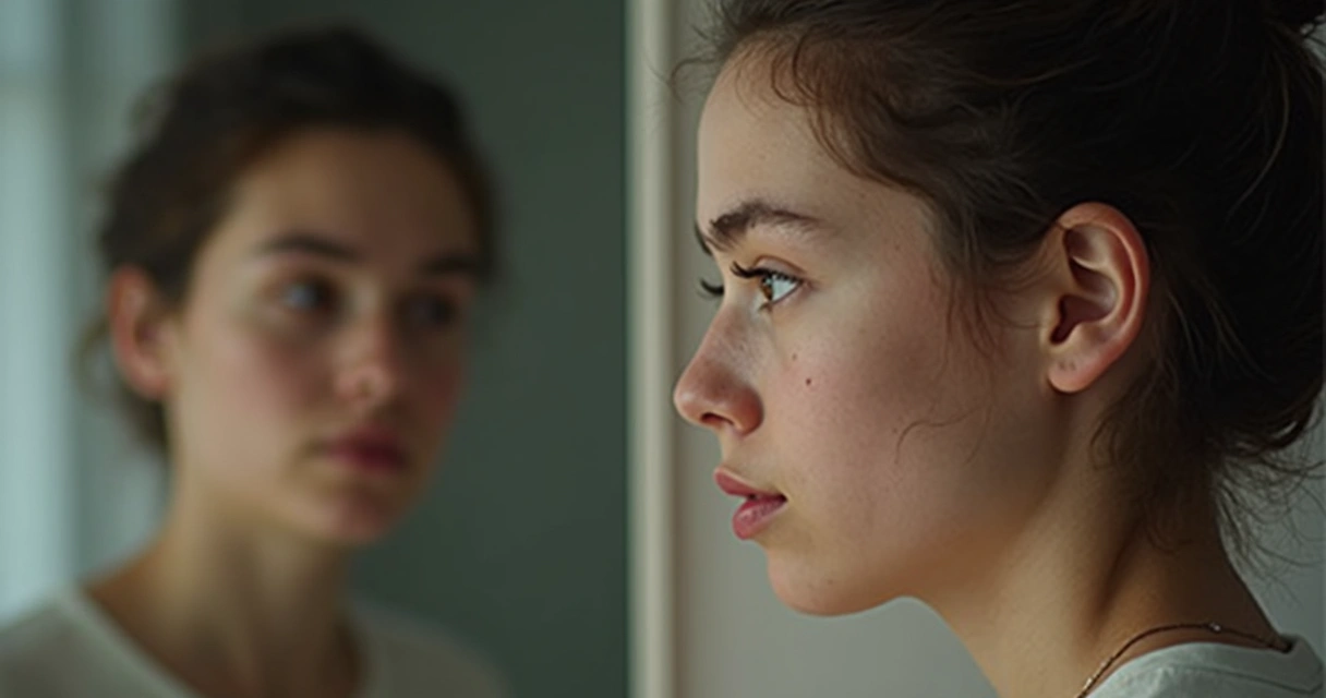 Pessoa olhando para o próprio reflexo em espelho com expressão pensativa. 