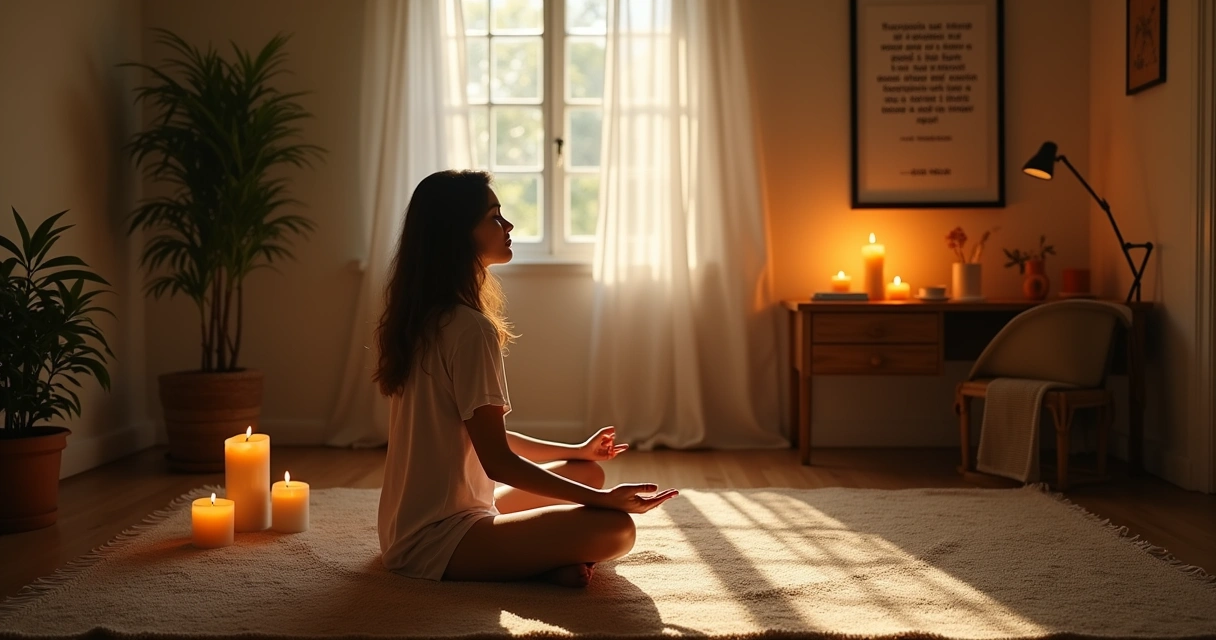 Mulher meditando em um quarto acolhedor, com diário aberto, vela acesa e luz suave do dia.