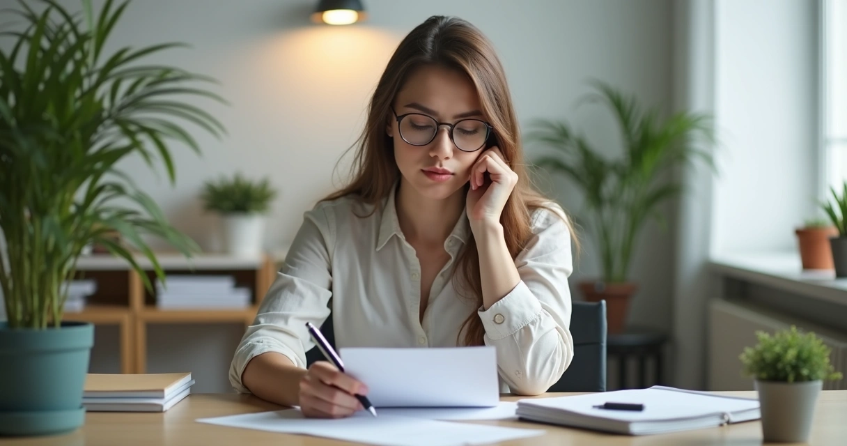 Pessoa refletindo em ambiente de trabalho, segurando uma caneta, olhando para uma folha, postura relaxada, em escritório iluminado 