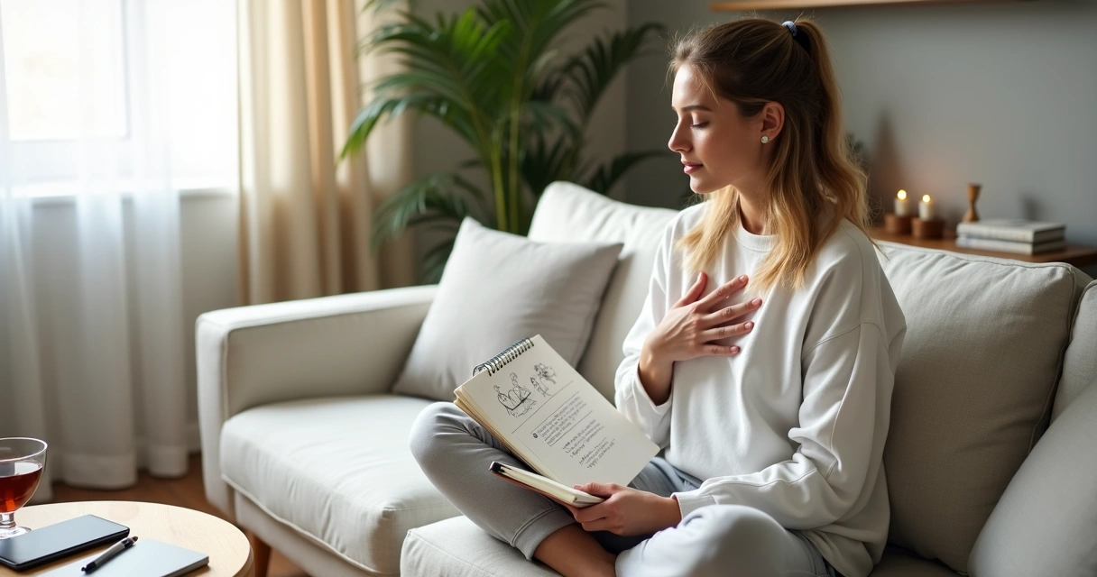 Pessoa sentada em casa com caderno praticando autoconhecimento e meditação rápida 