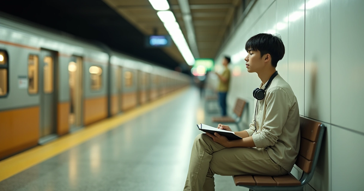 Profissional sentado em plataforma de metrô vazia em momento de quietude e reflexão 