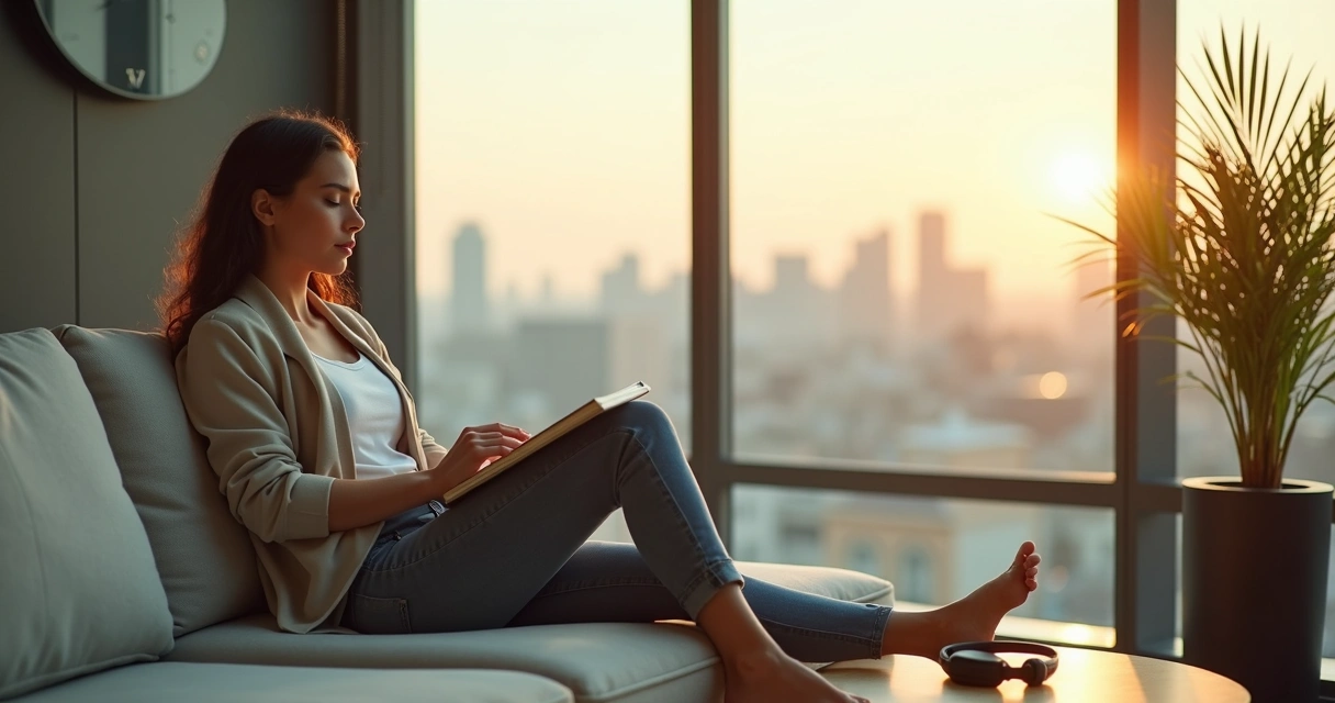Profissional em sala de descompressão corporativa equilibrando vida e trabalho em ambiente tranquilo 