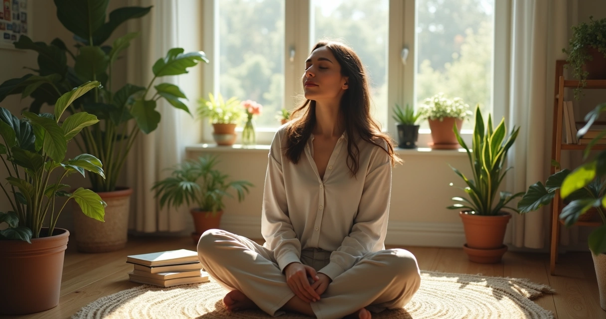 Pessoa sentada em ambiente tranquilo, olhando para dentro, em momento de reflexão profunda 