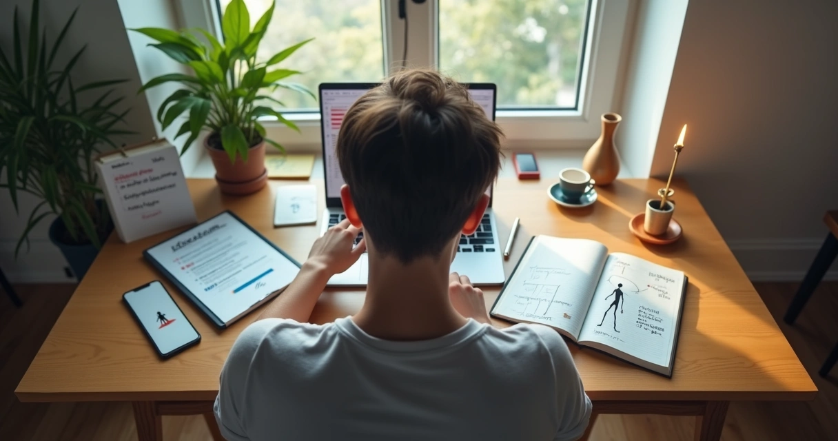 Pessoa refletindo em frente ao notebook entre trabalho e autoconhecimento 