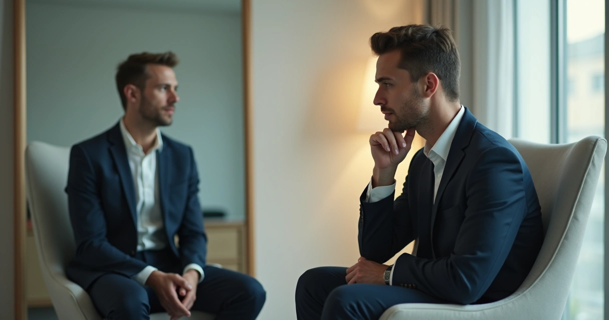 Pessoa refletindo diante de um espelho em uma sala de escritório 